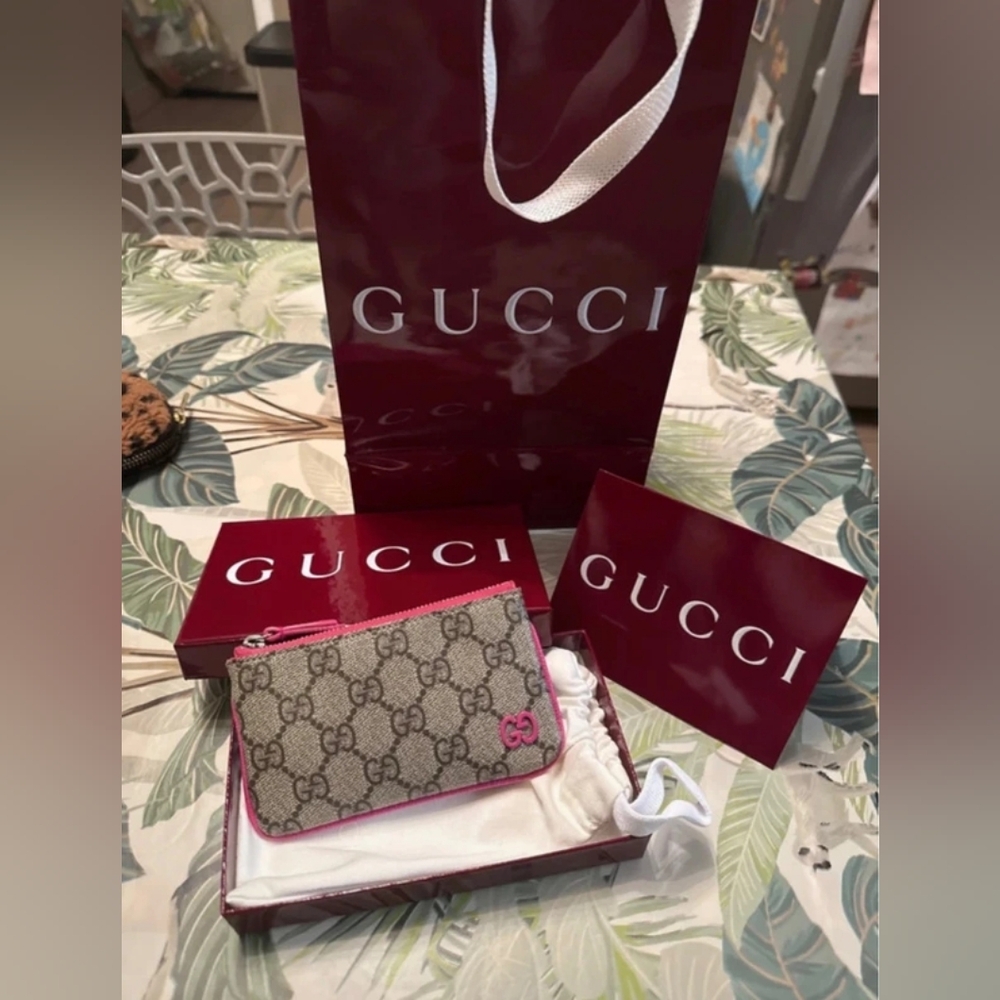 Gucci Pink Trim GG Canvas Zip Pouch